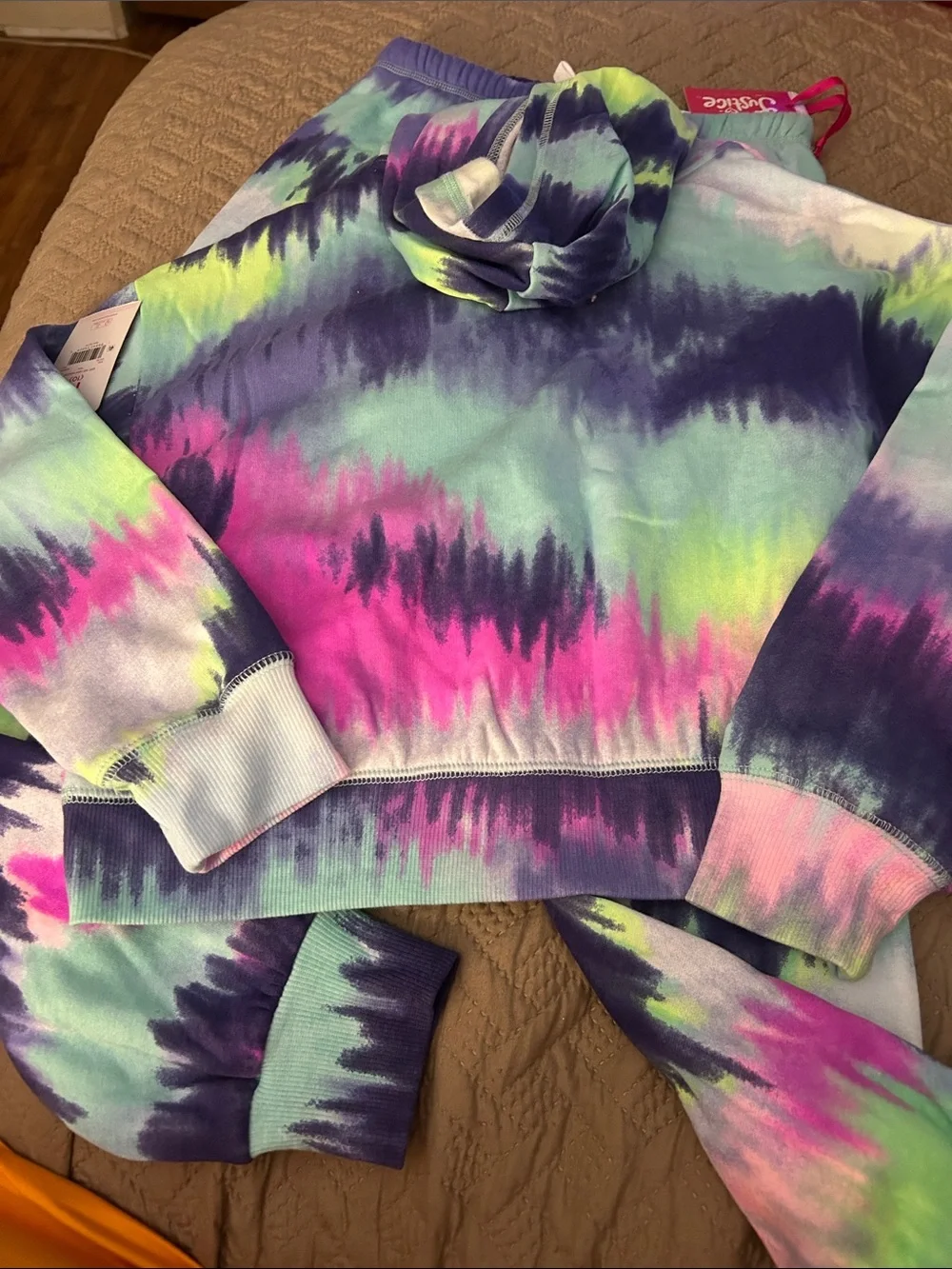 Justice Girls Tie-Dye Cropped Hoodie in Mint, Navy, Pink & Lime Size M(10)